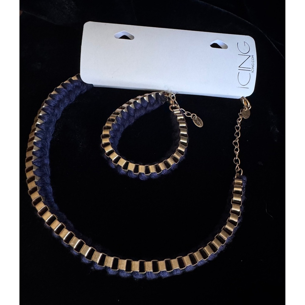 Icing Navy Blue Gold Braided Fabric Square Link Necklace Bracelet Jewelry Set